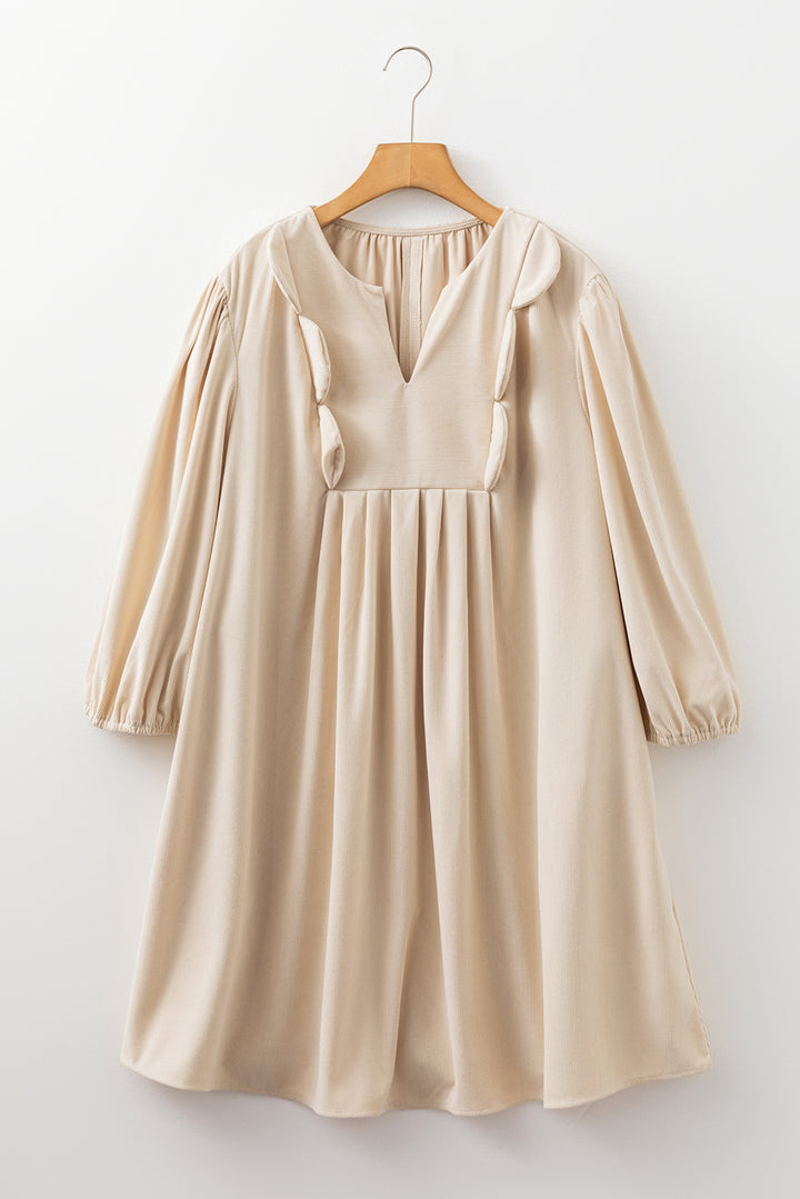 Parchment Notched Neck Scallop Detail Plus Size Mini Dress