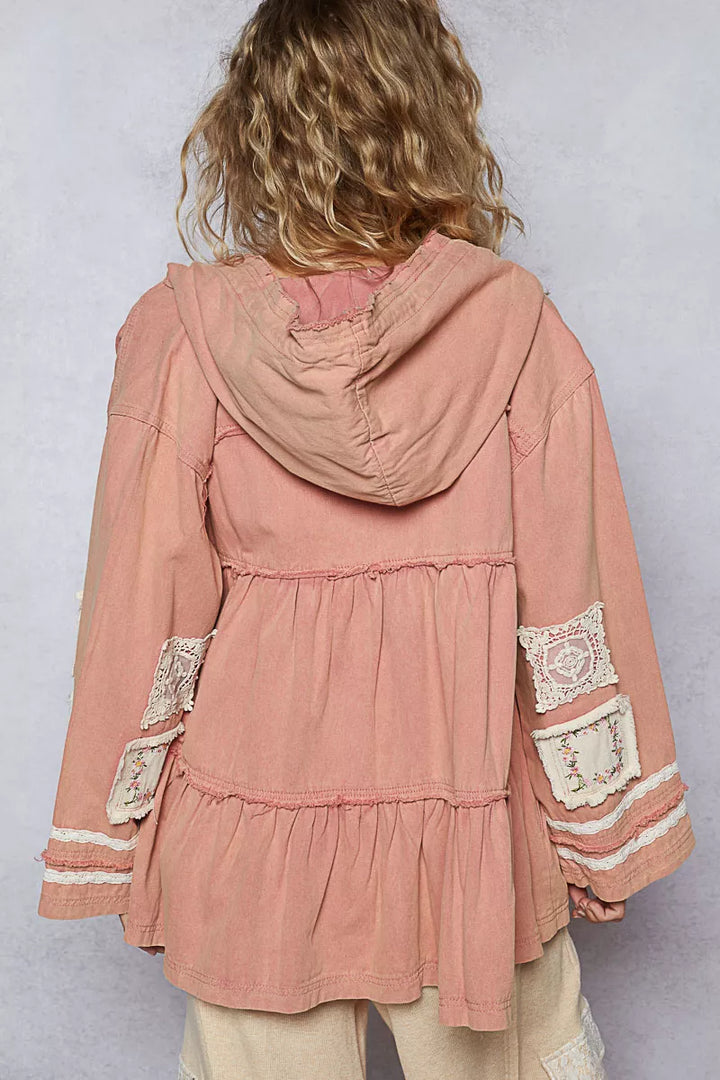 POL Embroidered Patch Hooded Jacket with Lace Detail