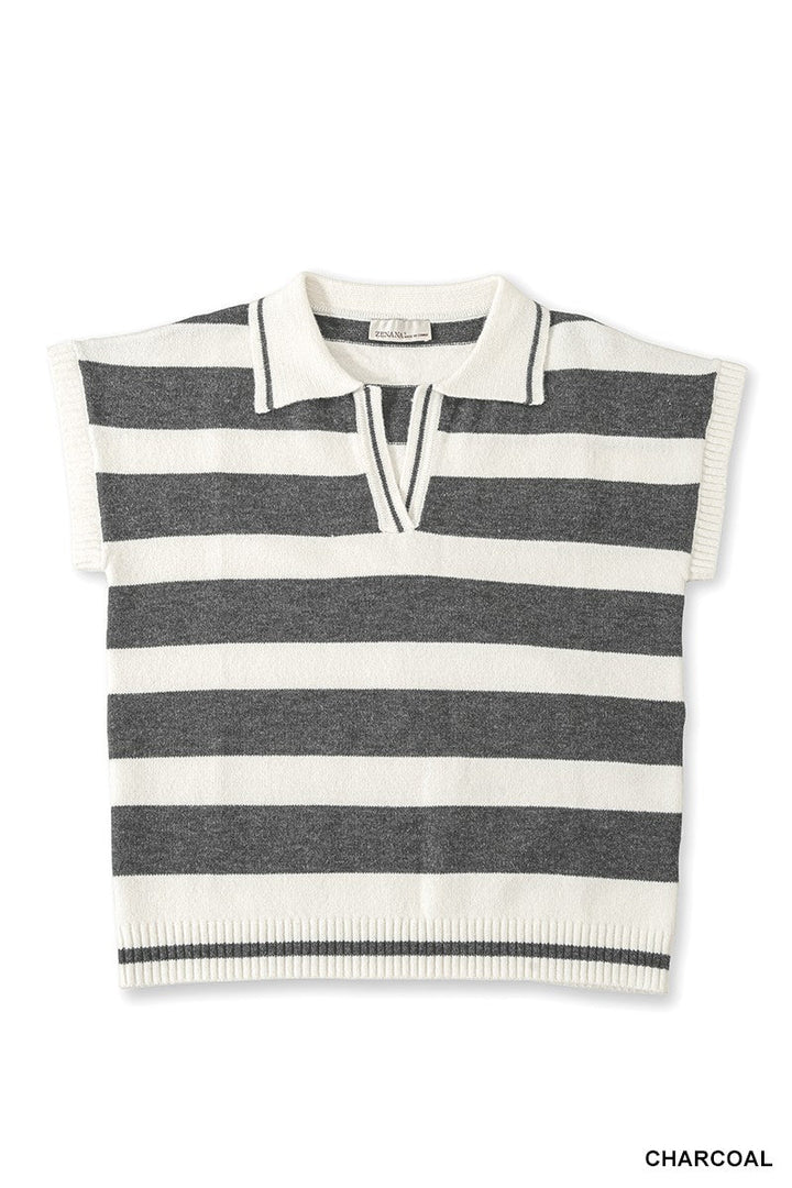 Zenana Striped Collared Short Sleeve Sweater