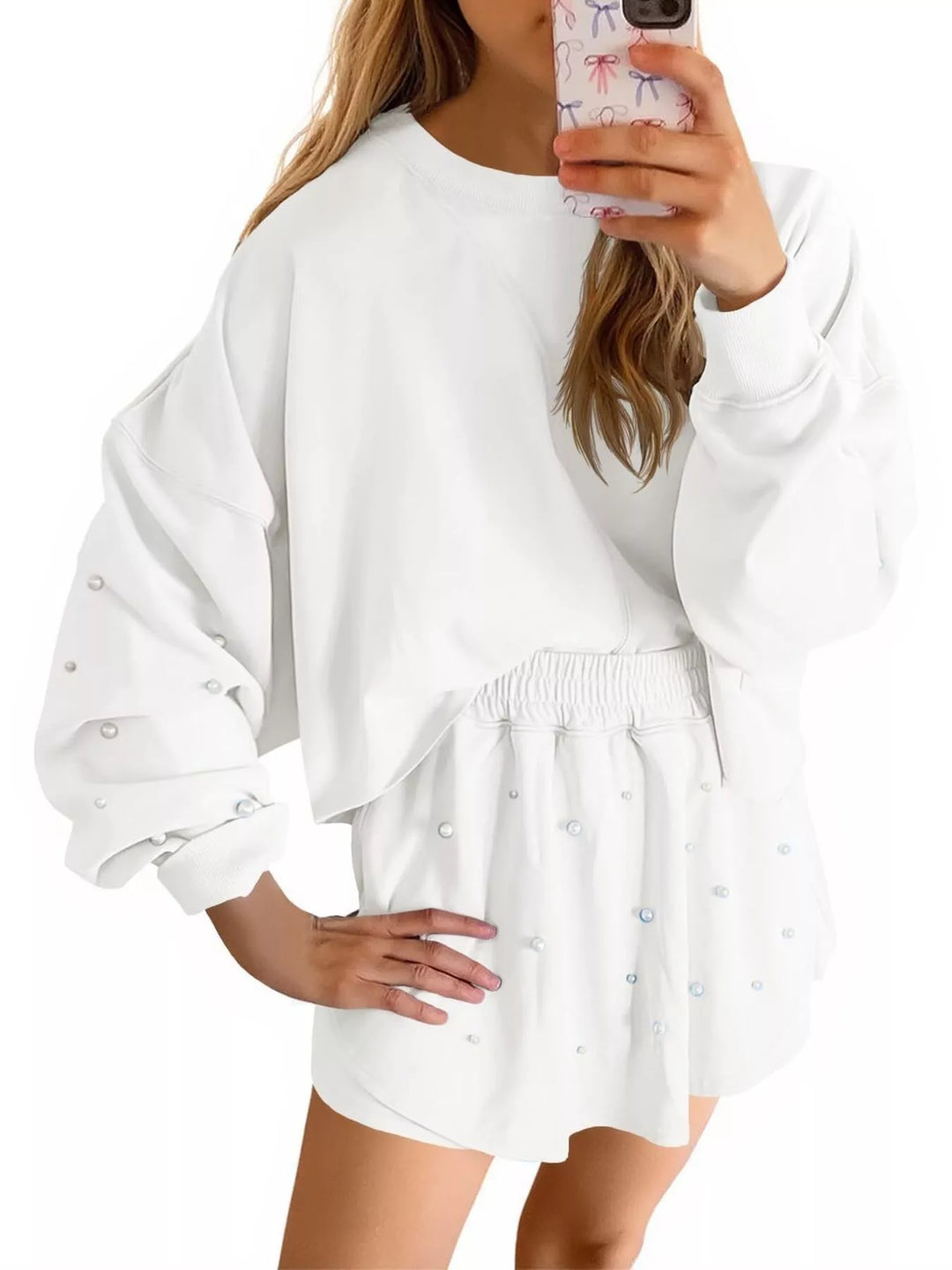Pearl Embellished Round Neck Top and Skort Set