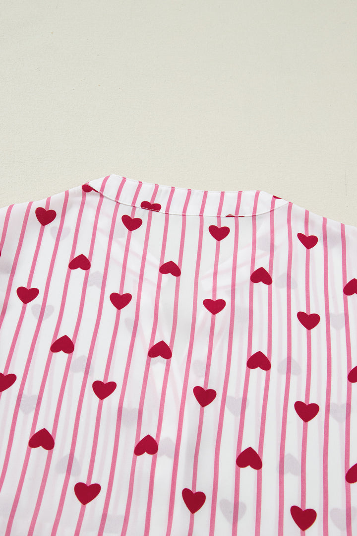 Pink Stripe Textured Heart Print Long Flounce Sleeve Shirt