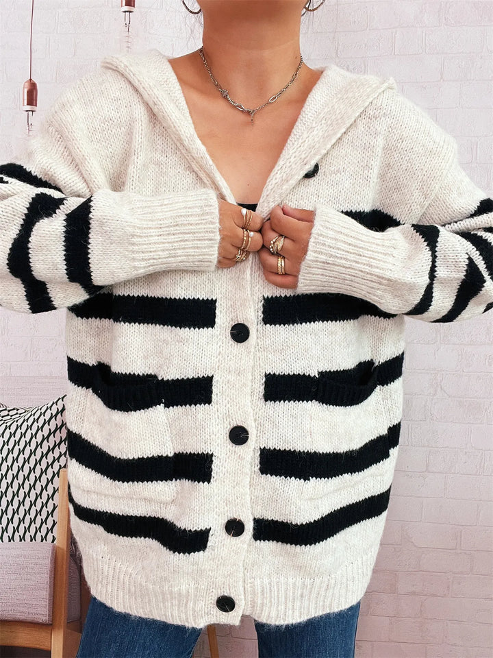 Striped Button-Up Hooded Cardigan
