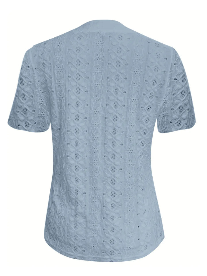 Openwork Notched Short Sleeve Top
