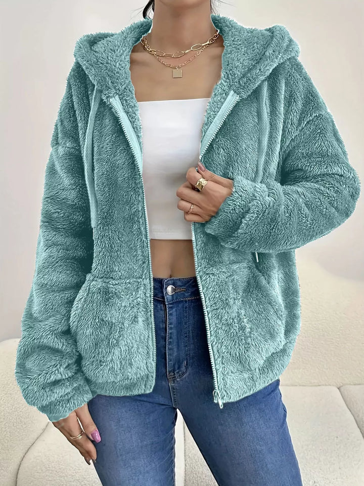 Drawstring Fleece Zip-Up Outerwear