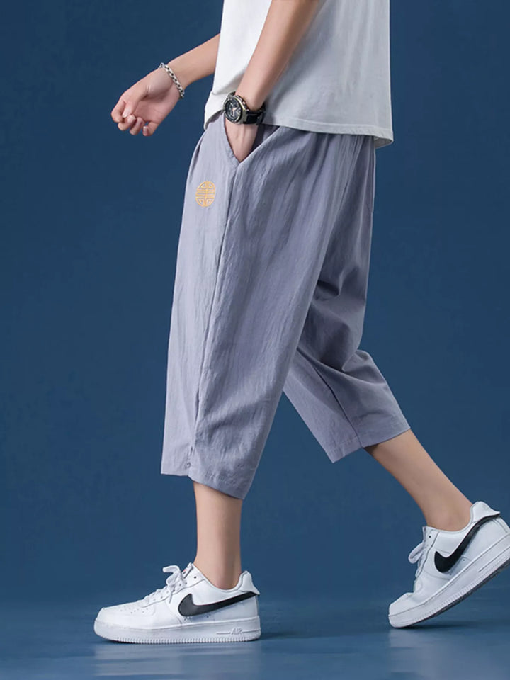 Men's Plus Size Drawstring Embroidered Detail Capri