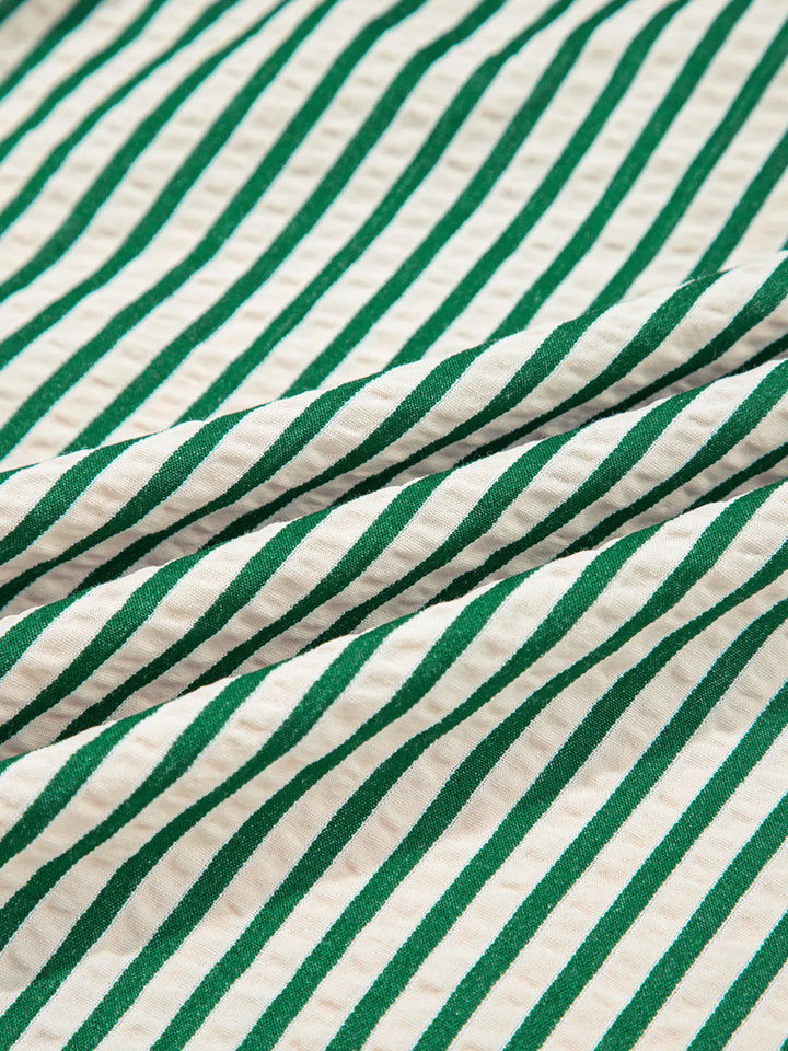 Stripe V Neck Zip Front Cinched High Waist Midi Dress