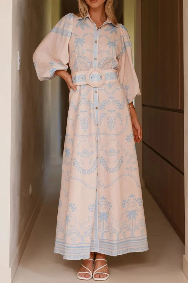 Printed Balloon Sleeve Maxi Shirt Dress