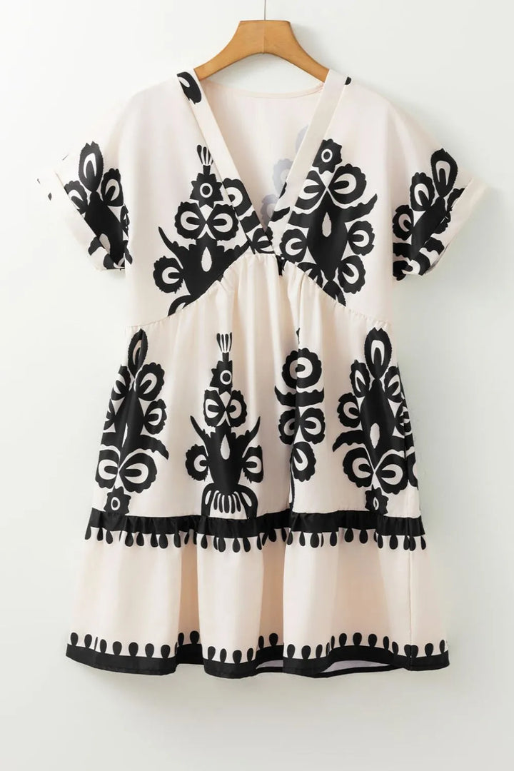 Printed V-Neck Short Sleeve Dress