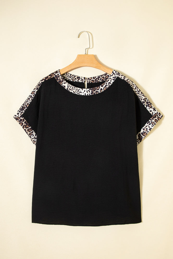Black Plus Size Leopard Patchwork Round Neck Loose Tee