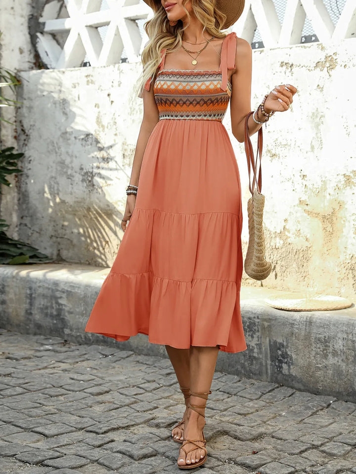 Tie Shoulder Tiered Midi Dress