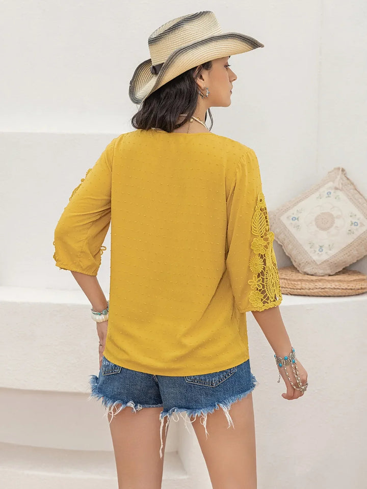 V-Neck Lace Three-Quarter Sleeve Top