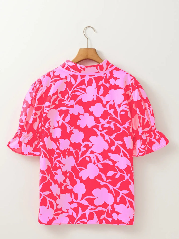 Floral Split V Neck Ruffled Short Sleeve Blouse Top