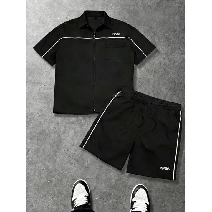 Striped Zip-front Short-sleeve Shirt And Shorts Set