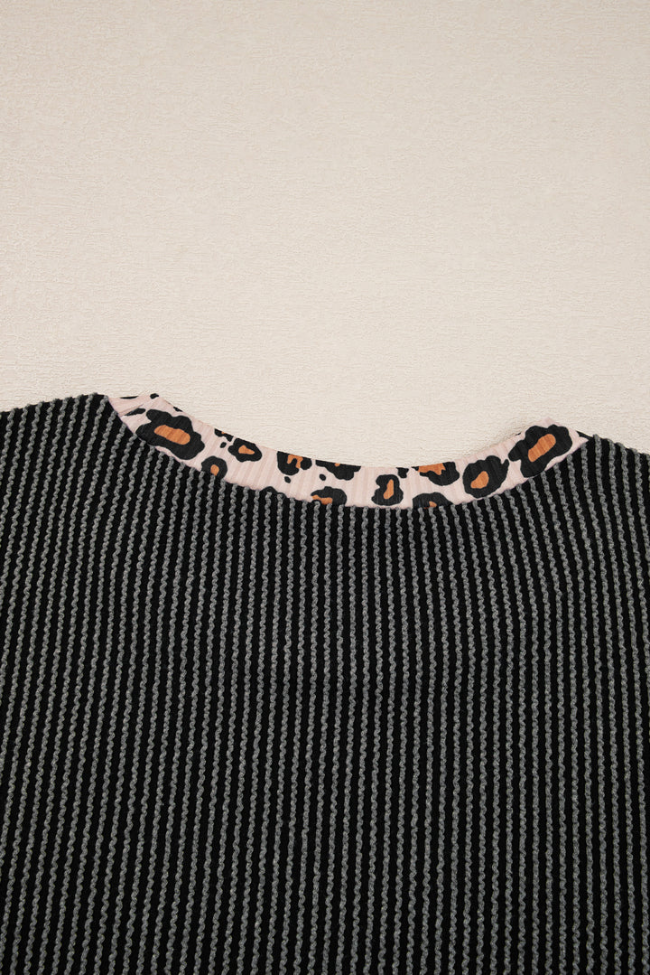 Carbon Grey Twisted Rib Texture Leopard Patchwork Detail 2pcs Pant Set