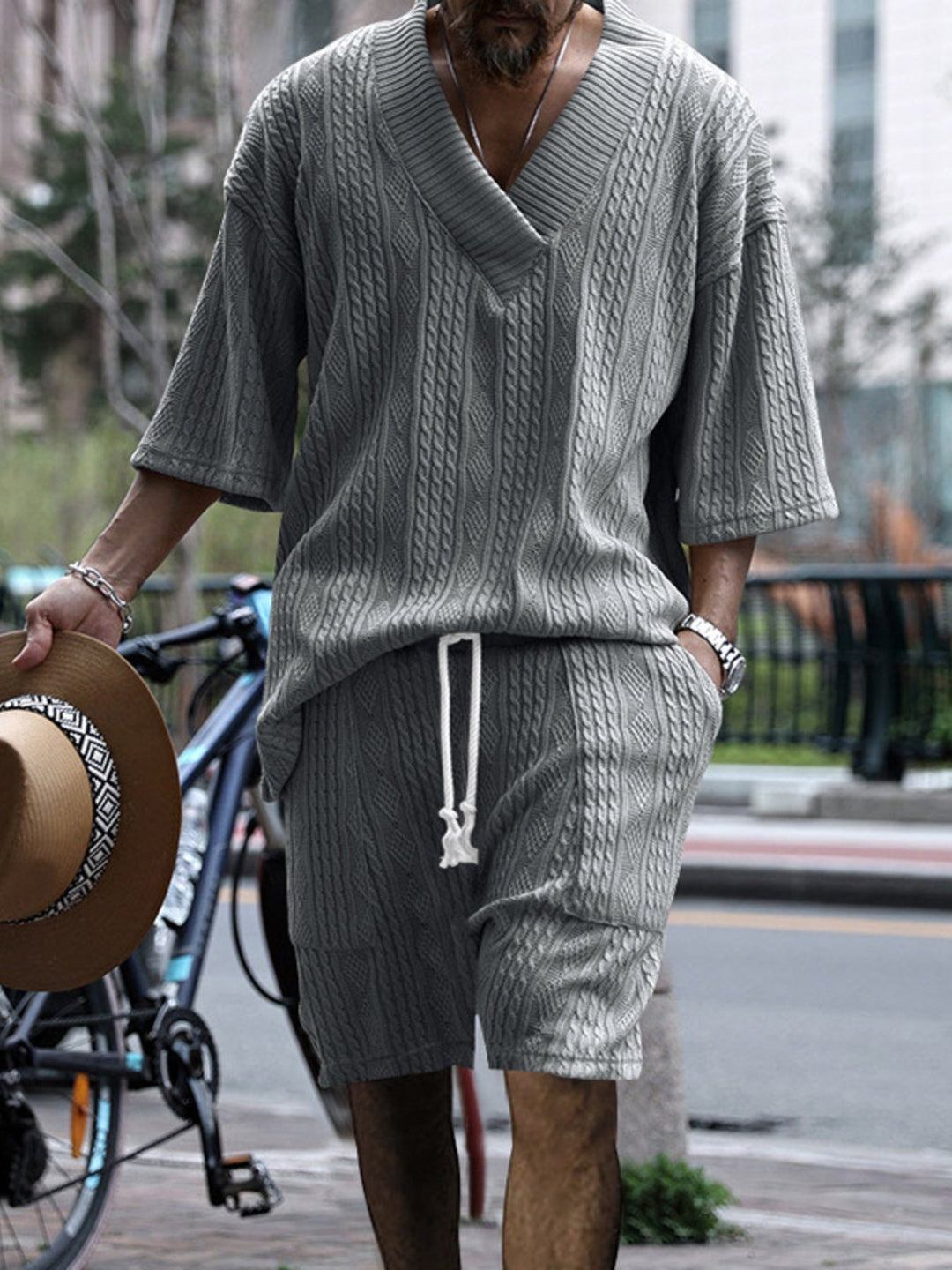 Men's Full Size Casual Knit V-Neck Short Sleeve Top and Shorts Set Plus Size