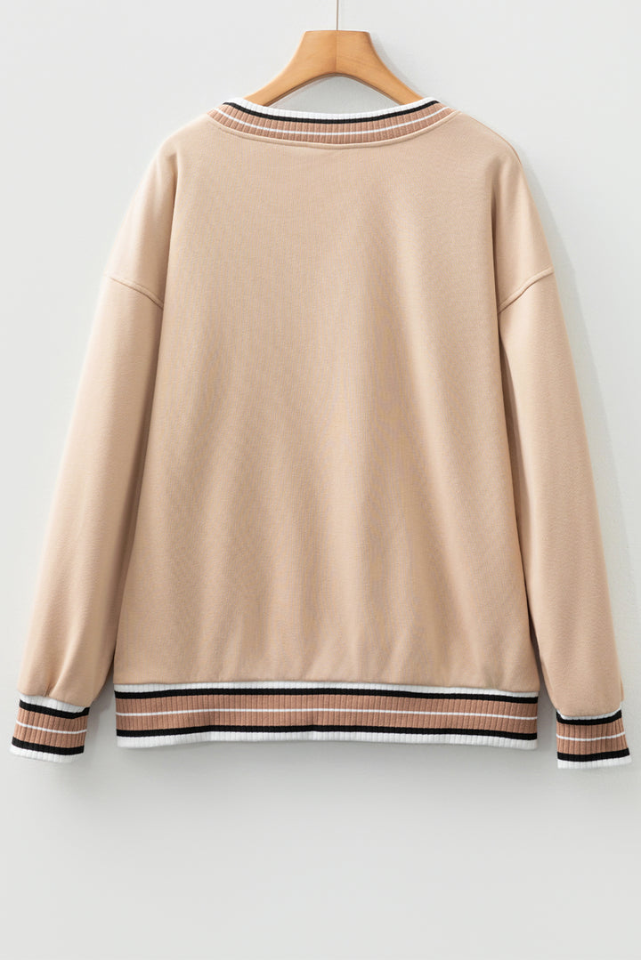 Parchment Varsity Contrast Striped Trim V Neck Sweatshirt