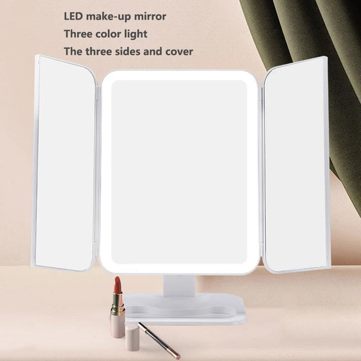 Trifold Makeup Mirror With Light 68 LED Vanity Mirrors 10X Magnifying 180Rotation