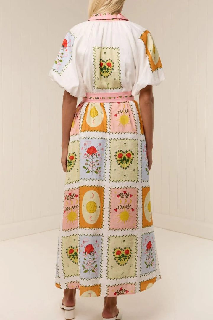 Printed Short Sleeve Belted Maxi Dress
