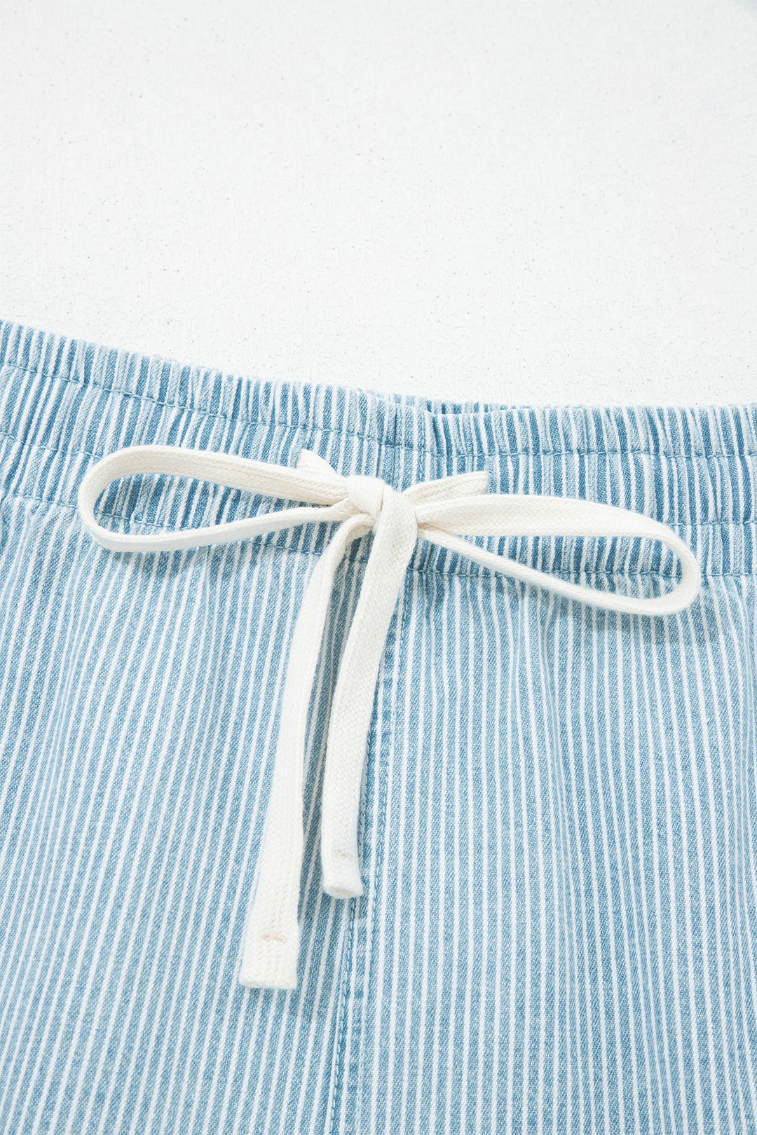 Sky Blue Stripe Plus Size Contrast Drawstring Elastic Waist Denim Shorts