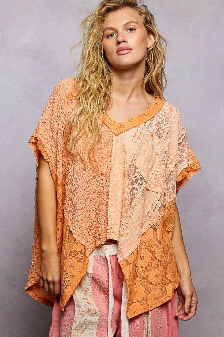 POL Asymmetrical V-Neck Short Sleeve Lace Top