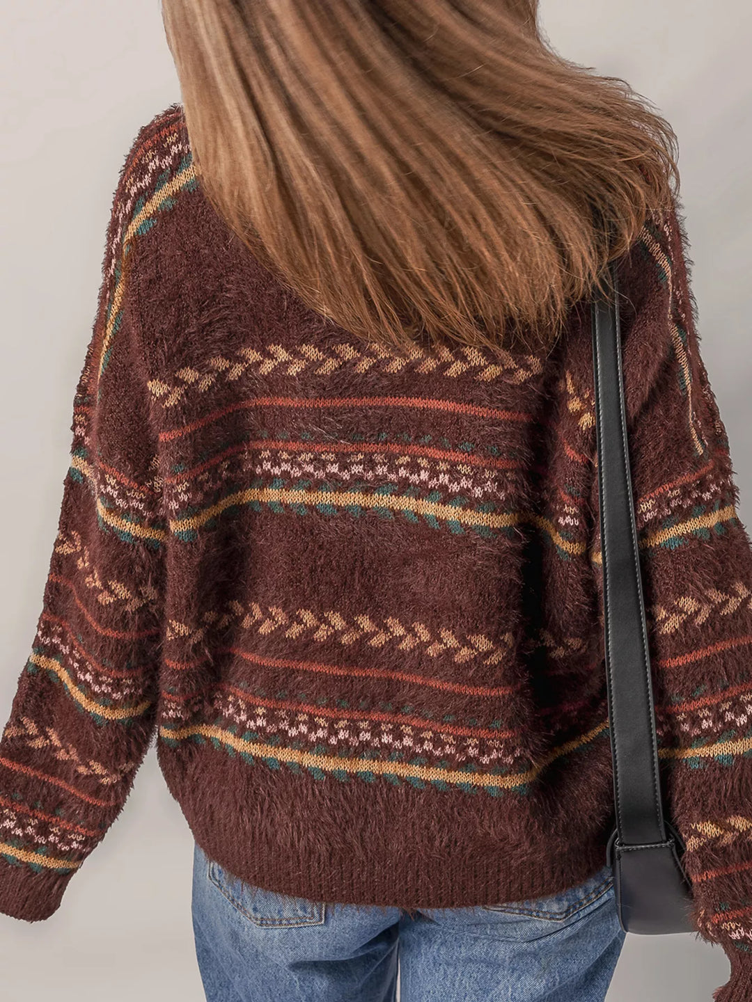 Ethnic Pattern Mohair Knitted Drop Shoulder Sweater