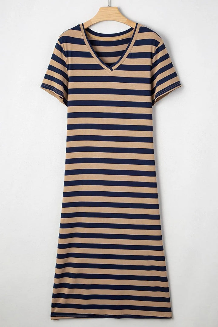 Casual Striped V-Neck Midi T-Shirt Dress
