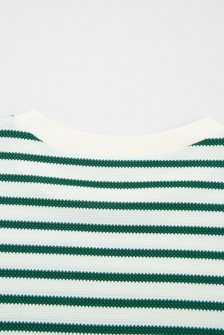 Green Stripe Scallop Lace Trim Ruffle Short Sleeves Crewneck Top