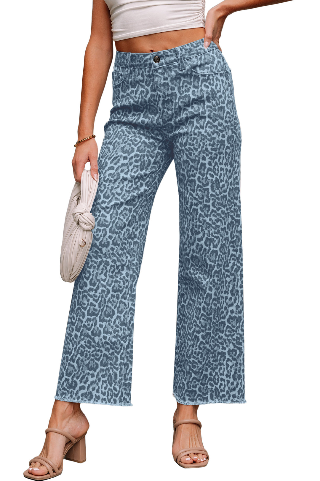 Sky Blue Leopard Frayed Edge Wide Leg High Waist Jeans