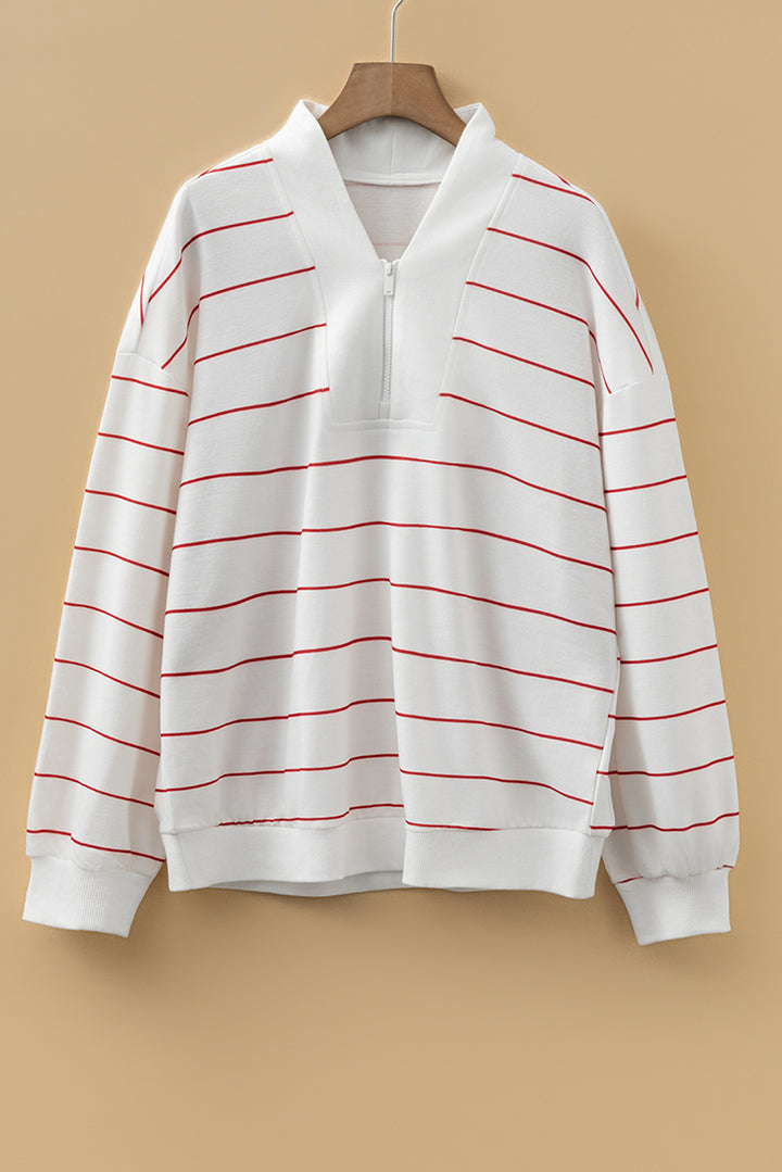 Fiery Red Zip V Neck Casual Stripe Print Drop Shoulder Long Sleeve Top