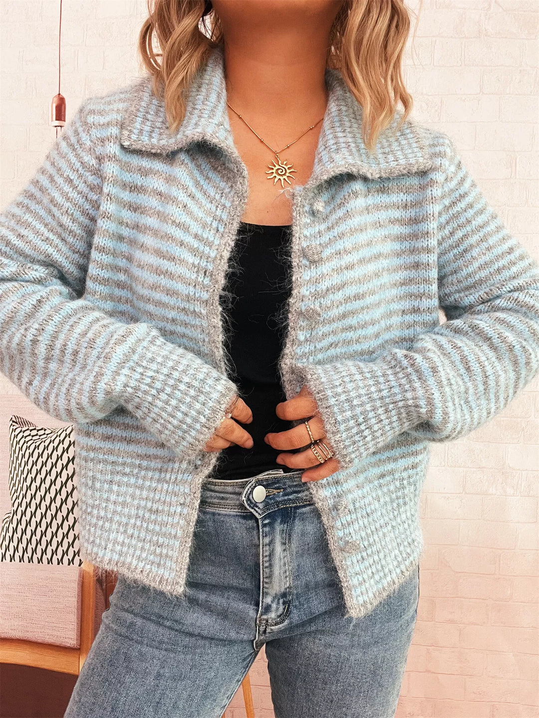 Striped Button-Up Long Sleeve Cardigan