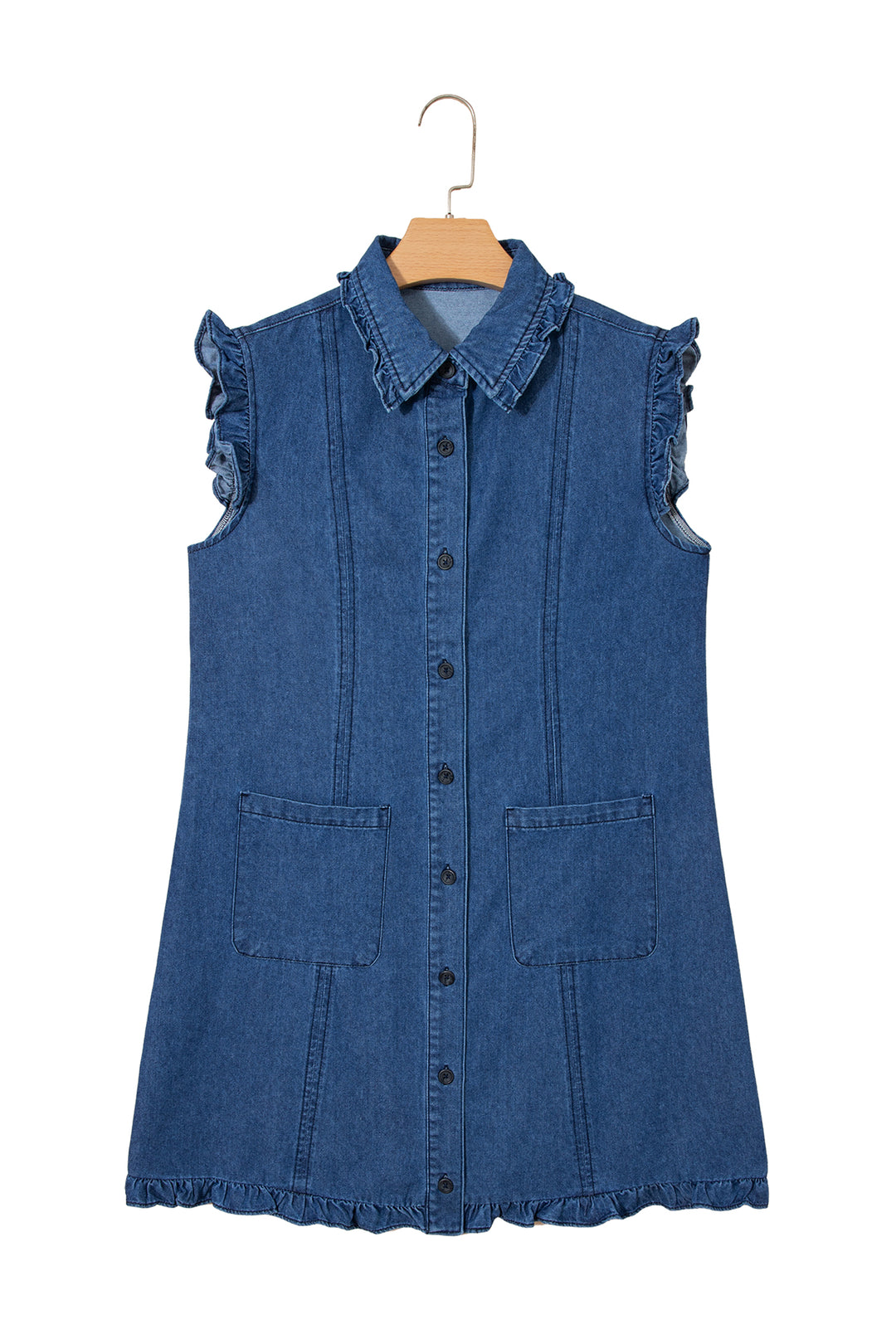Sail Blue Ruffled Edge Collared Shift Denim Dress with Pockets