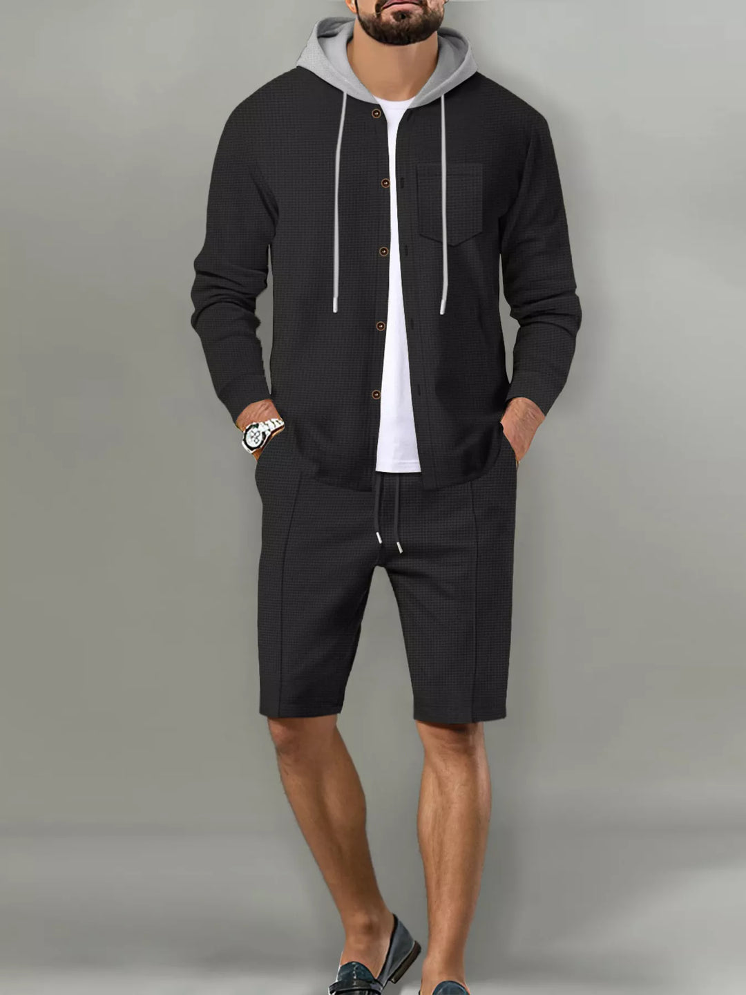 Men's Full Size Casual Hooded Button-Up Top and Shorts Set Plus Size