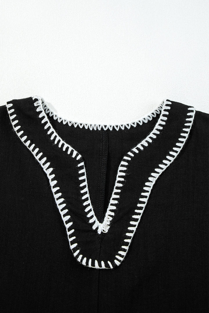 Black Contrast Stitched V Neck 3/4 Sleeve Tiered Mini Dress