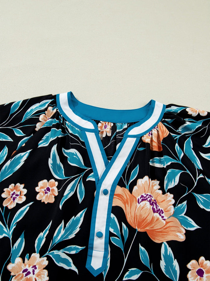 Floral Short Bubble Sleeve Buttoned Notched Neck Blouse