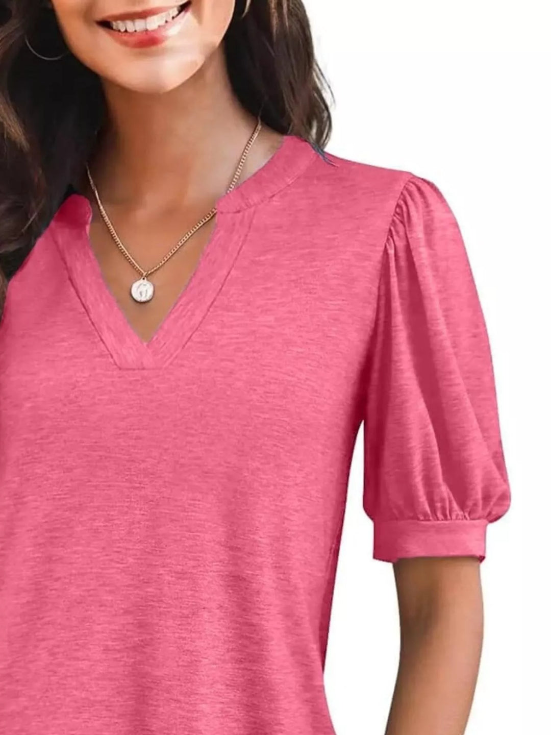 Puff Sleeve Notched Casual T-Shirt