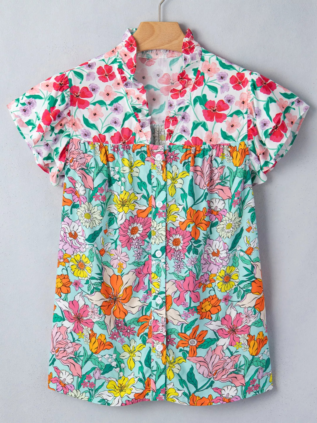 Floral Print Split Neck Button Front Flutter Sleeve Blouse