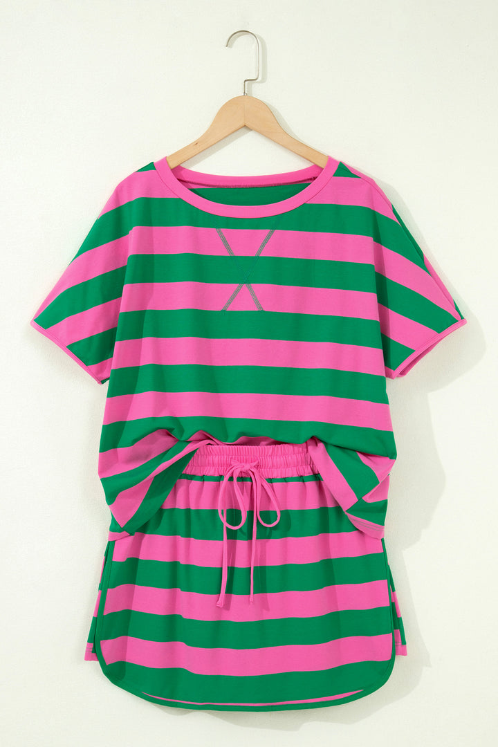 Rose Stripe Dolman Tee Drawstring Skort Athletic 2pcs Set