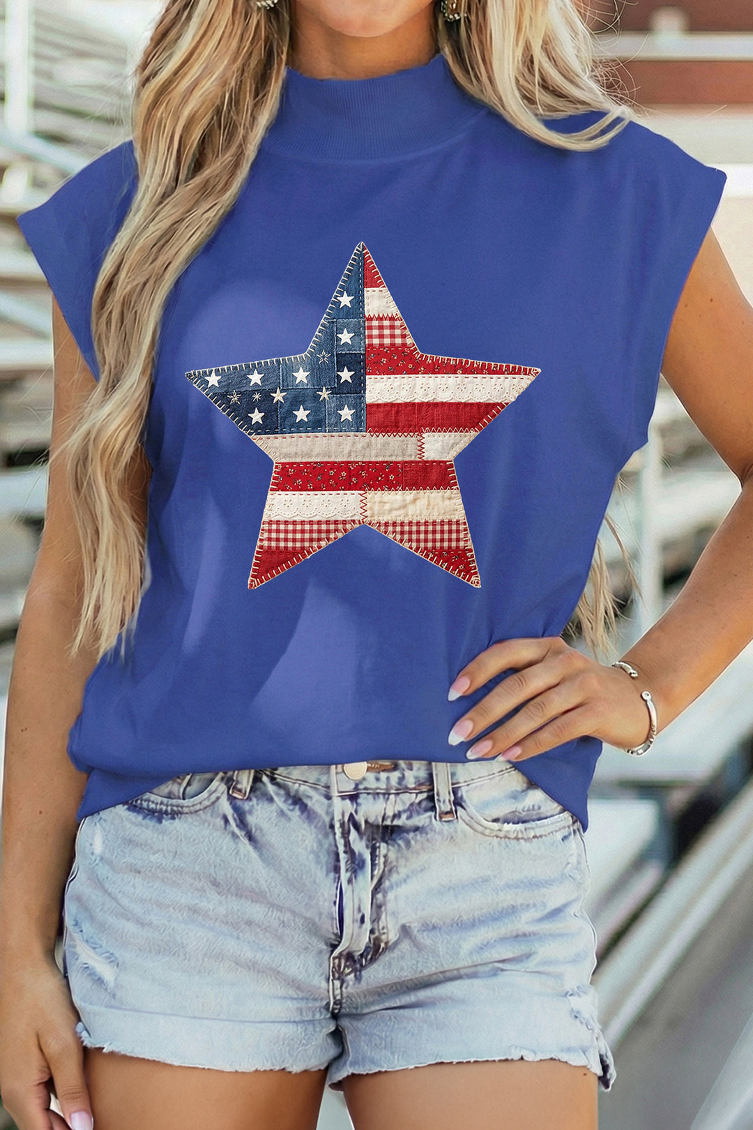 Sky Blue Faux Patchwork Patriotic Star Printed High Neck Top