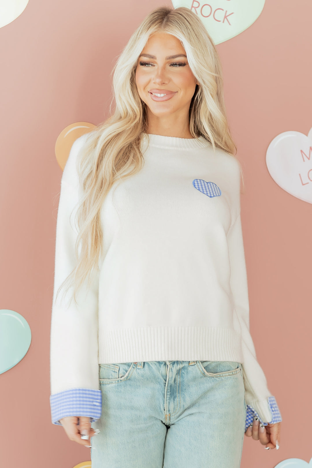 White Plaid Heart Embroidered Cuffed Drop Shoulder Crew Neck Sweater