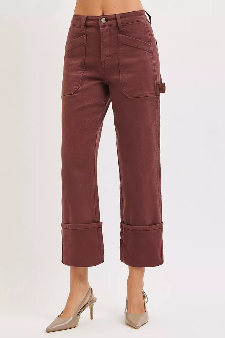 RISEN Full Size High Rise Wide Straight Cuffed Patch Jeans Plus Size