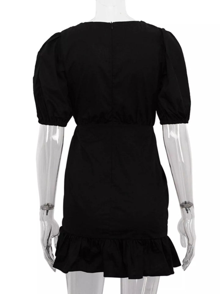 Ruffled Hem Ruched Puff Sleeve Mini Dress