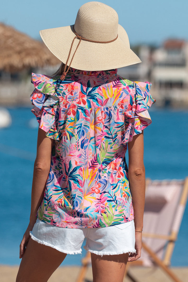 Pink Tropical Floral Print Frilly Notched Neck Ruffled Short Sleeve Blouse