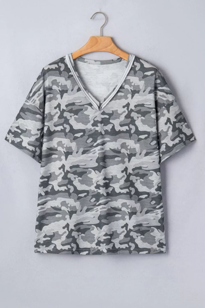 Camouflage Print Raw Edge V Neck Tee