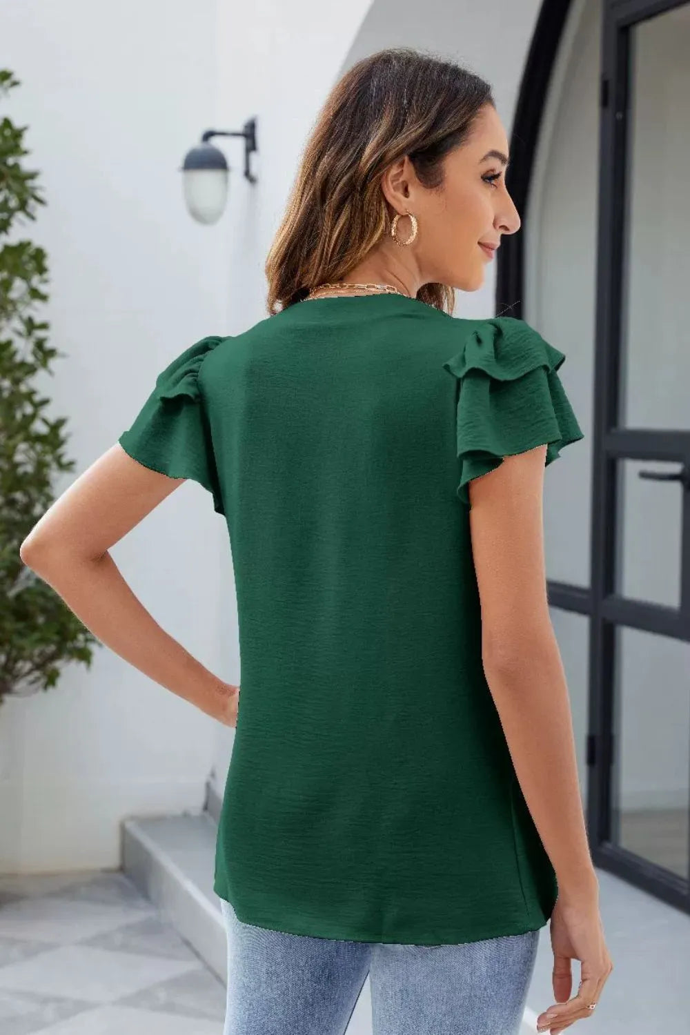 Ruffled Notched Short Sleeve Blouse