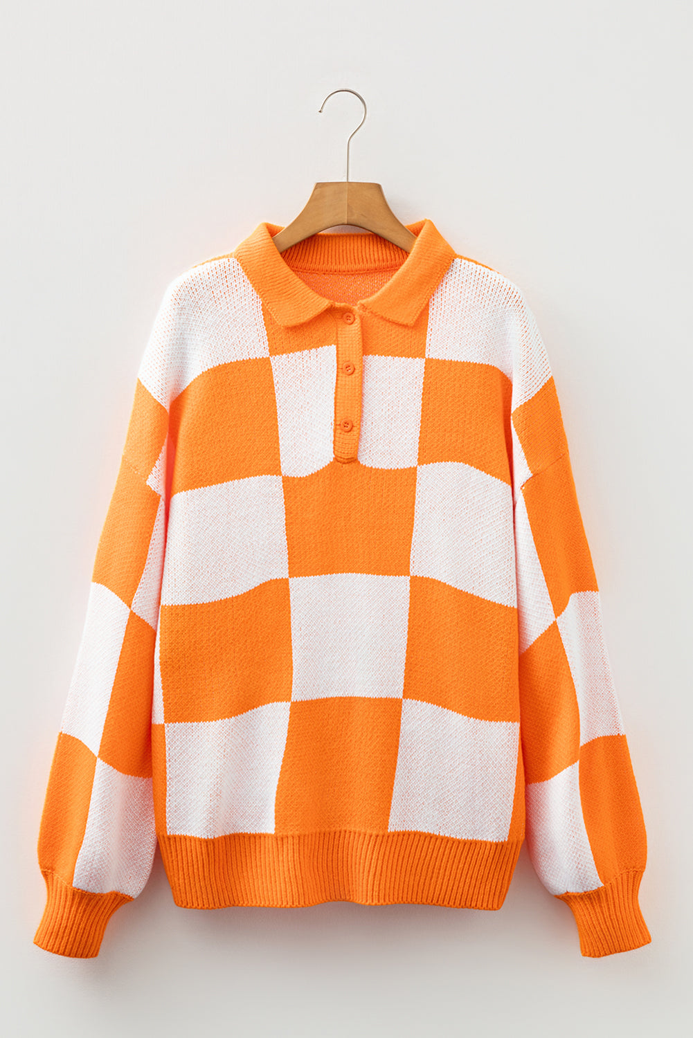 Grapefruit Orange Checkered Pattern Polo Collar Loose Sweater
