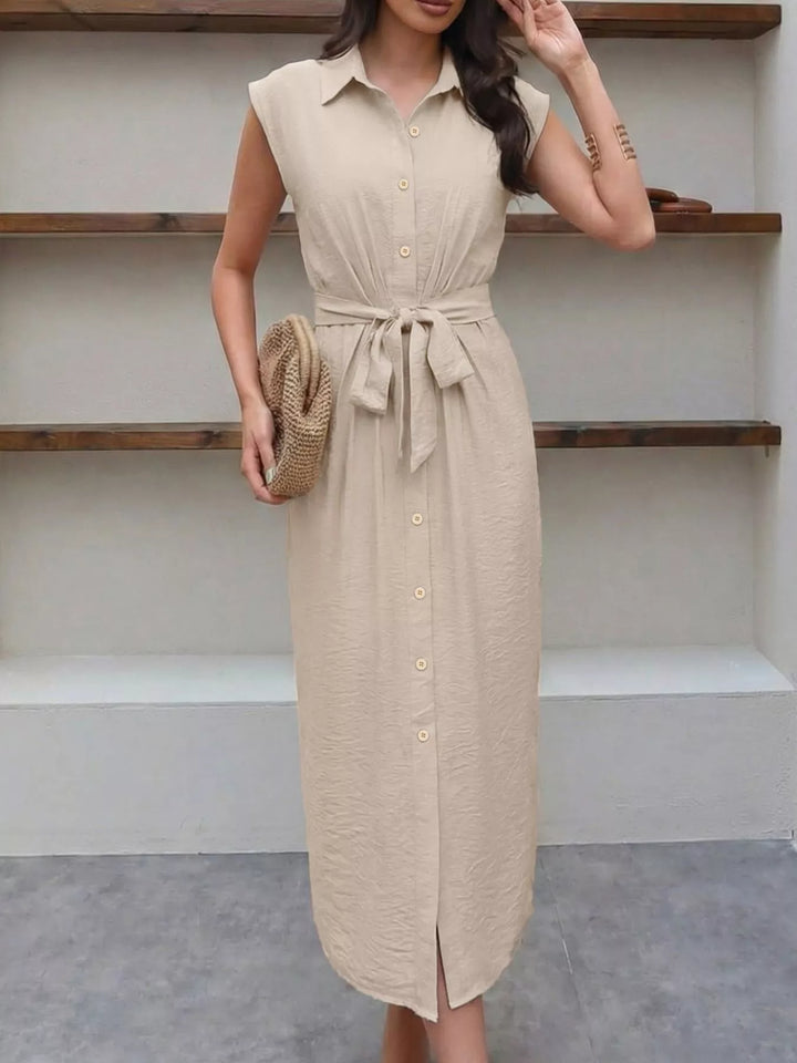 Sleeveless Button-Down Tie Waist Midi Dress