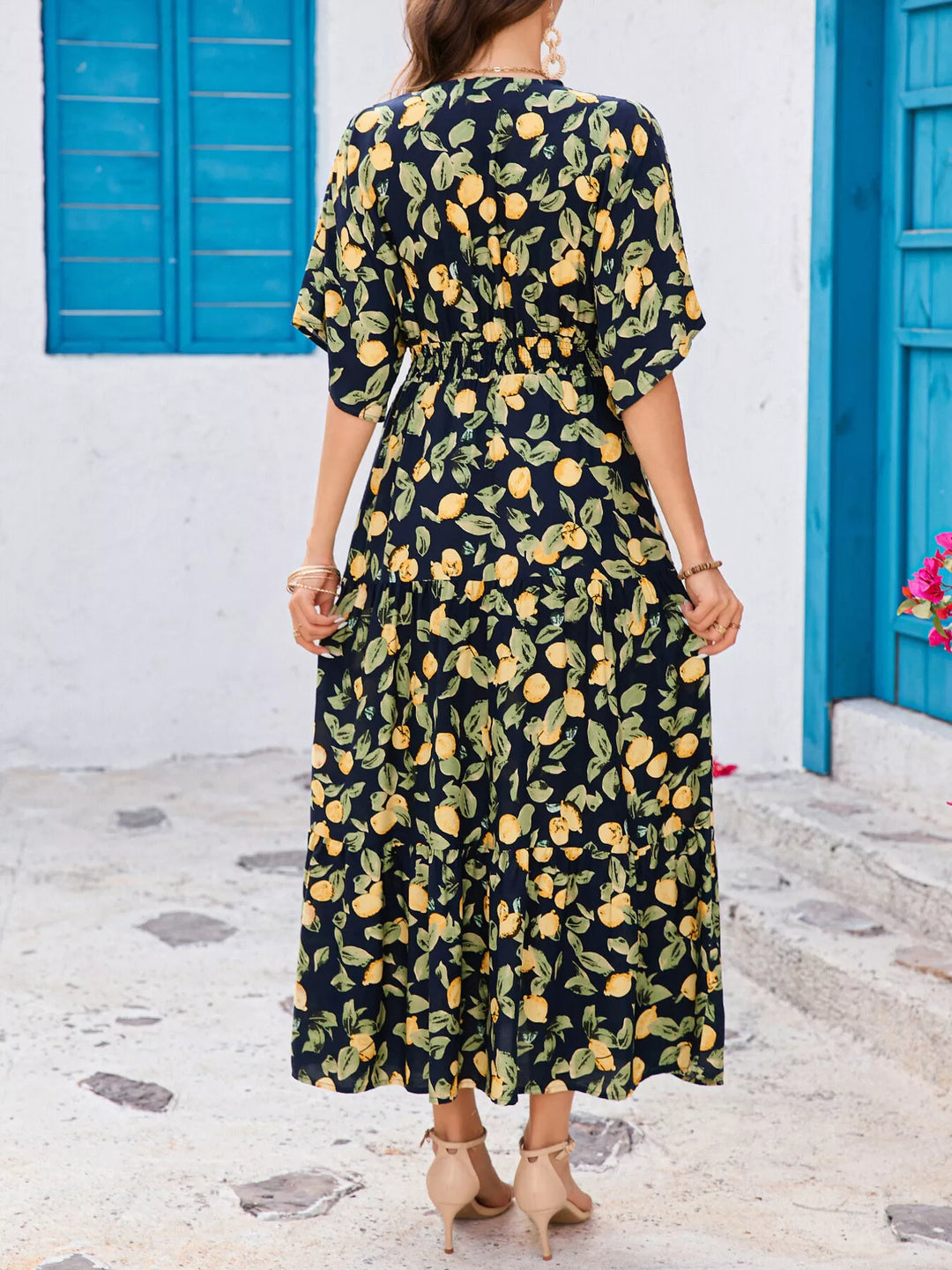 Printed V-Neck Ruffle Hem Flowy Midi Dress
