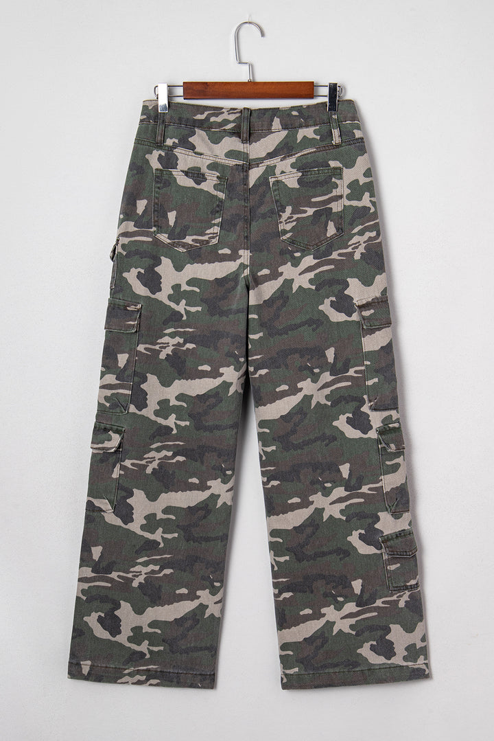 Green Camo Denim Cargo Wide Leg Pants