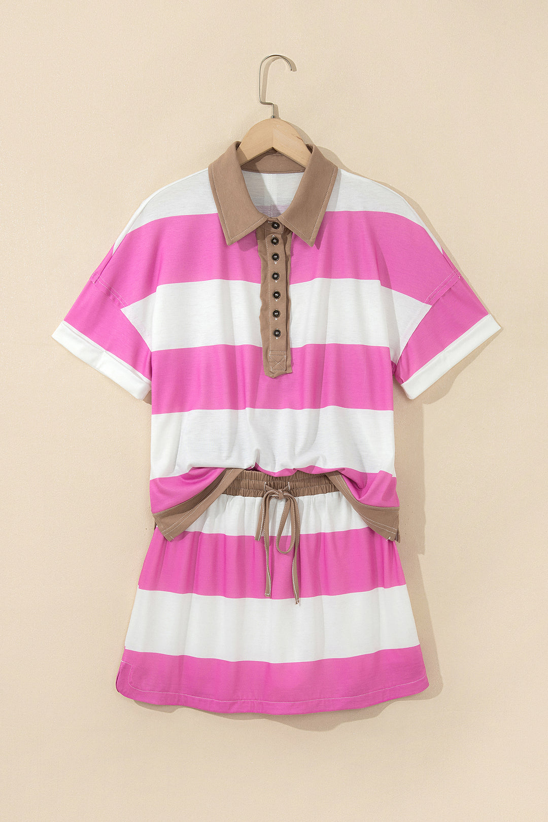 Rose Stripe Colorblock Trim Polo Tee Drawstring Mini Skirt 2pcs Set
