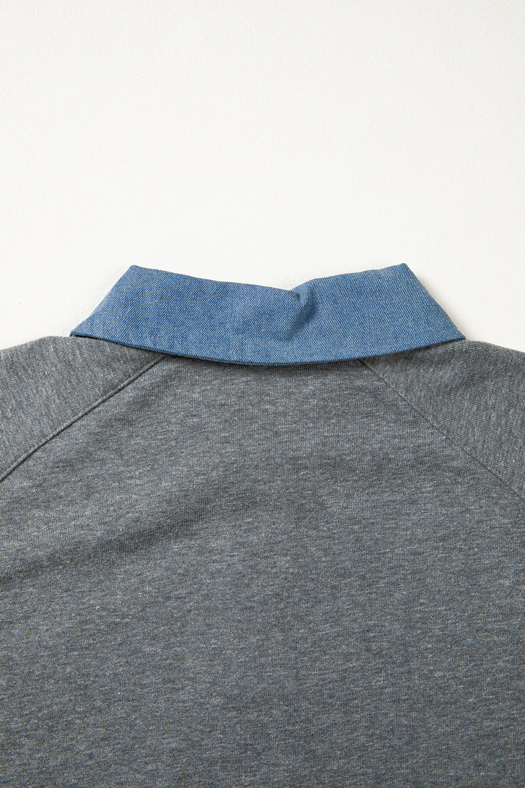 Carbon Grey Denim Color Block Patchwork Shirt Collar Short Sleeve Blouse